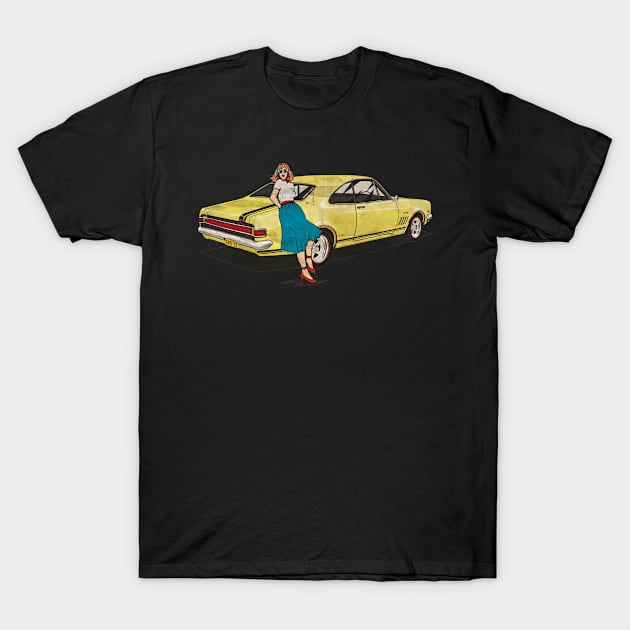 vintage yellow car and woman T-Shirt by ROTI BOSOQ